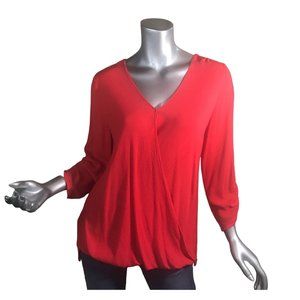 Vision 155 Women's Large Coral Red Faux Wrap Tunic Top V Neck Crepe Blouse